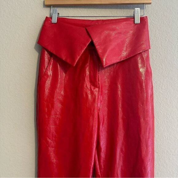 Bcbgmaxazria Size Xxs Red Faux Leather Fold Over Waist Peplum Pants - Picture 4 of 12
